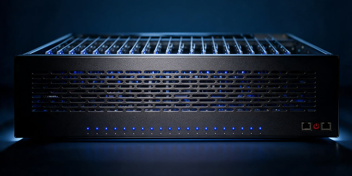 Frontal: 20 LED de estado numerados, botón OTG/USB y puertos LAN