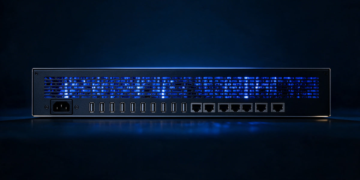 Parte trasera: toma de corriente, puertos USB y de red